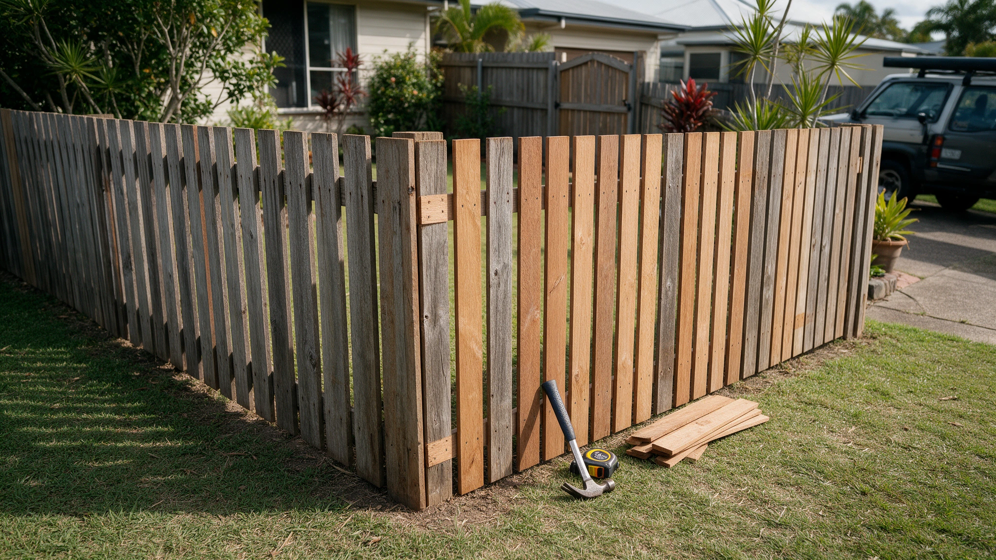 Repaired section of a residential fence at a suburban property