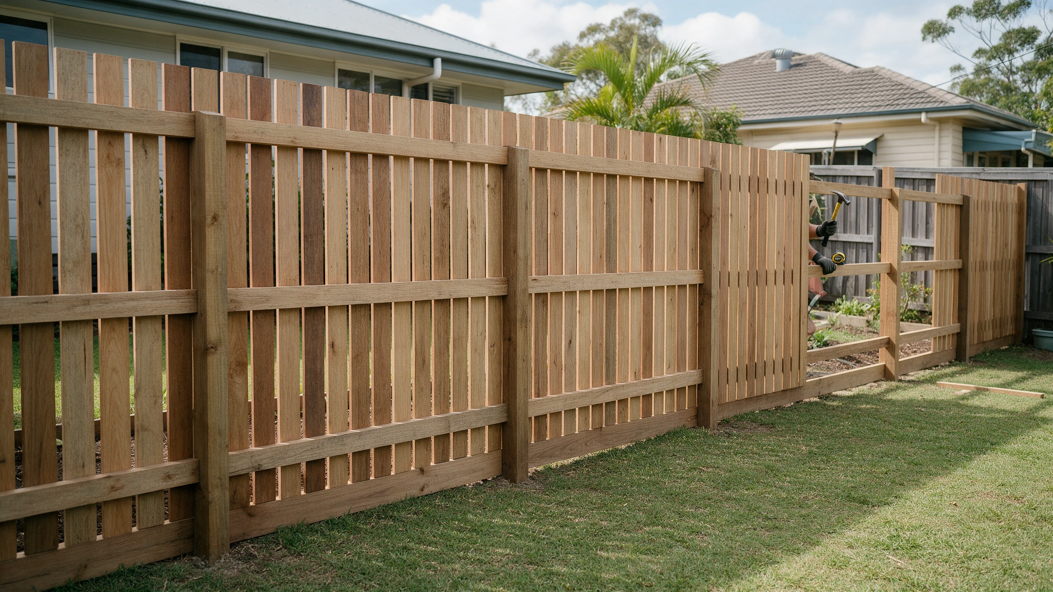 Timber paling fence around a suburban backyard