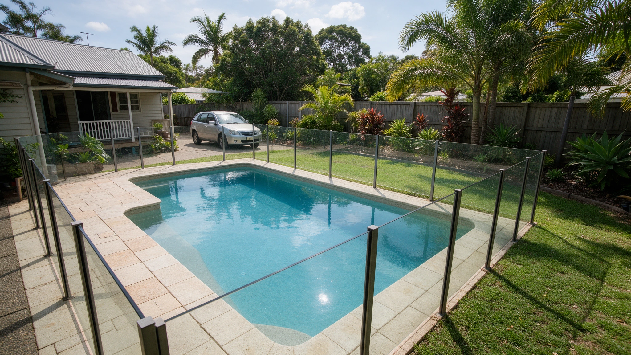 Pool fencing surrounding a backyard swimming pool