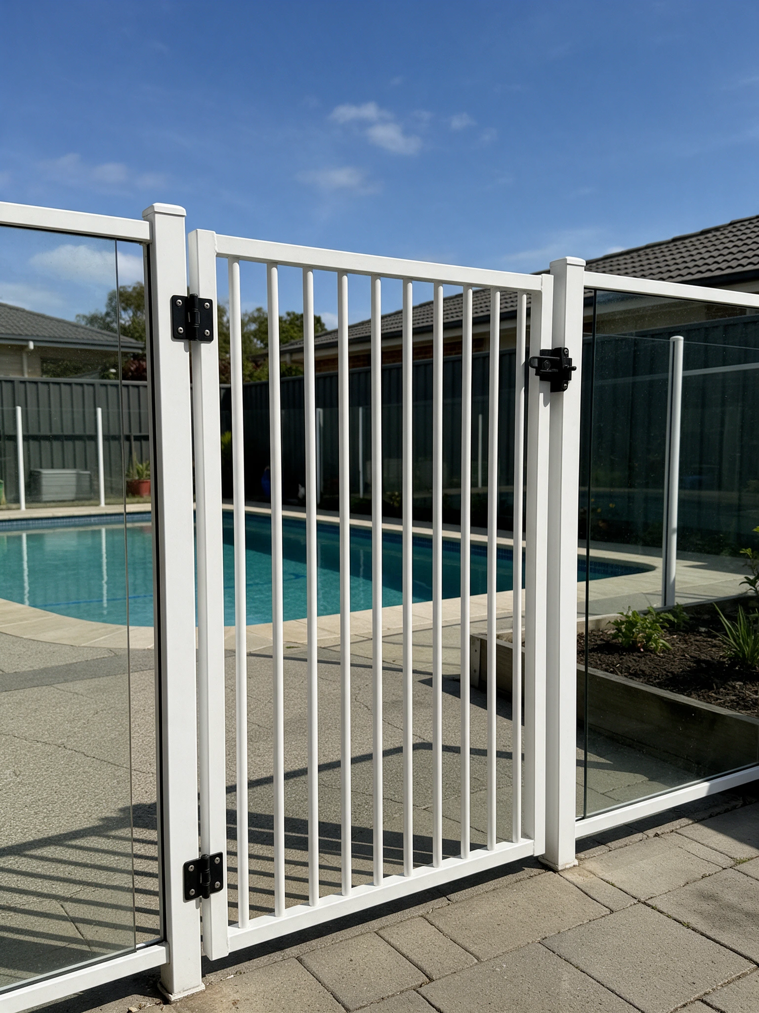 Self-closing pool gate set into a pool safety fence