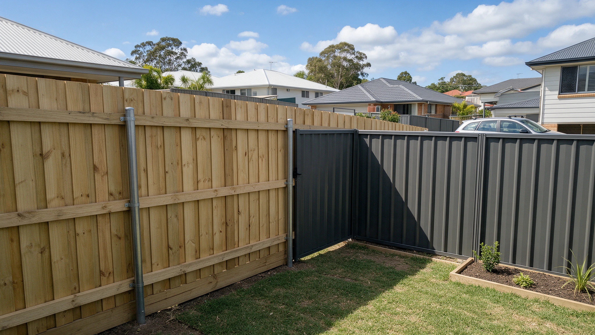 Residential fencing along the side of a suburban property