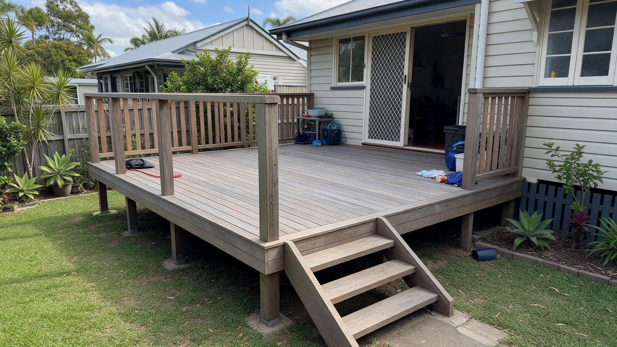 Timber deck at the rear of a suburban home
