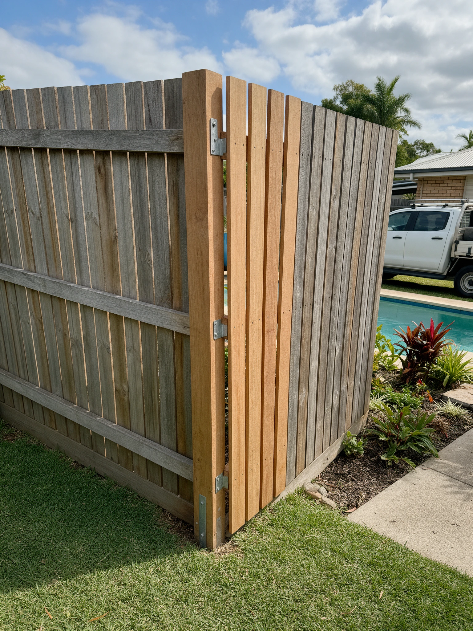 Timber fence with replaced palings at a suburban home