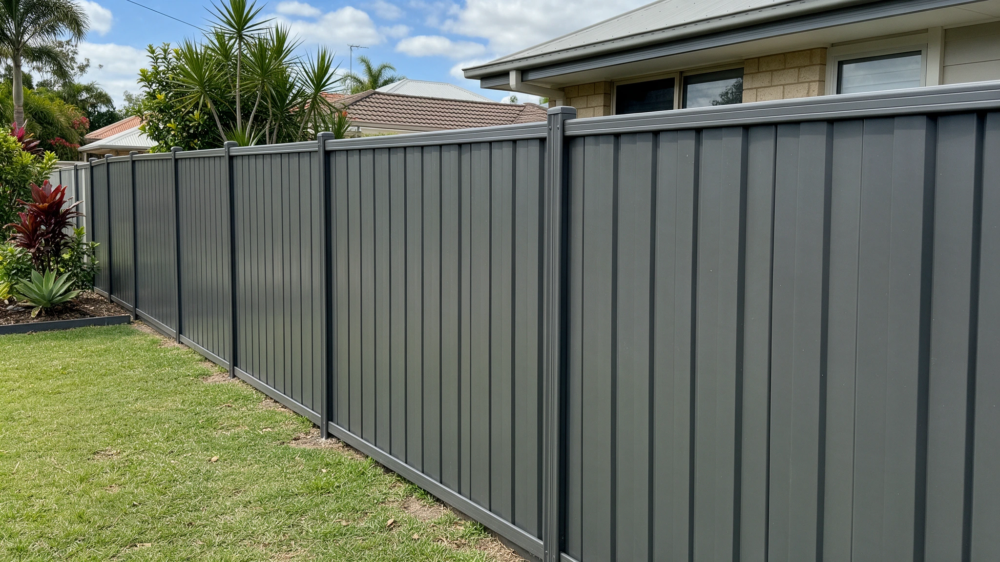 Steel boundary fence along a residential property line